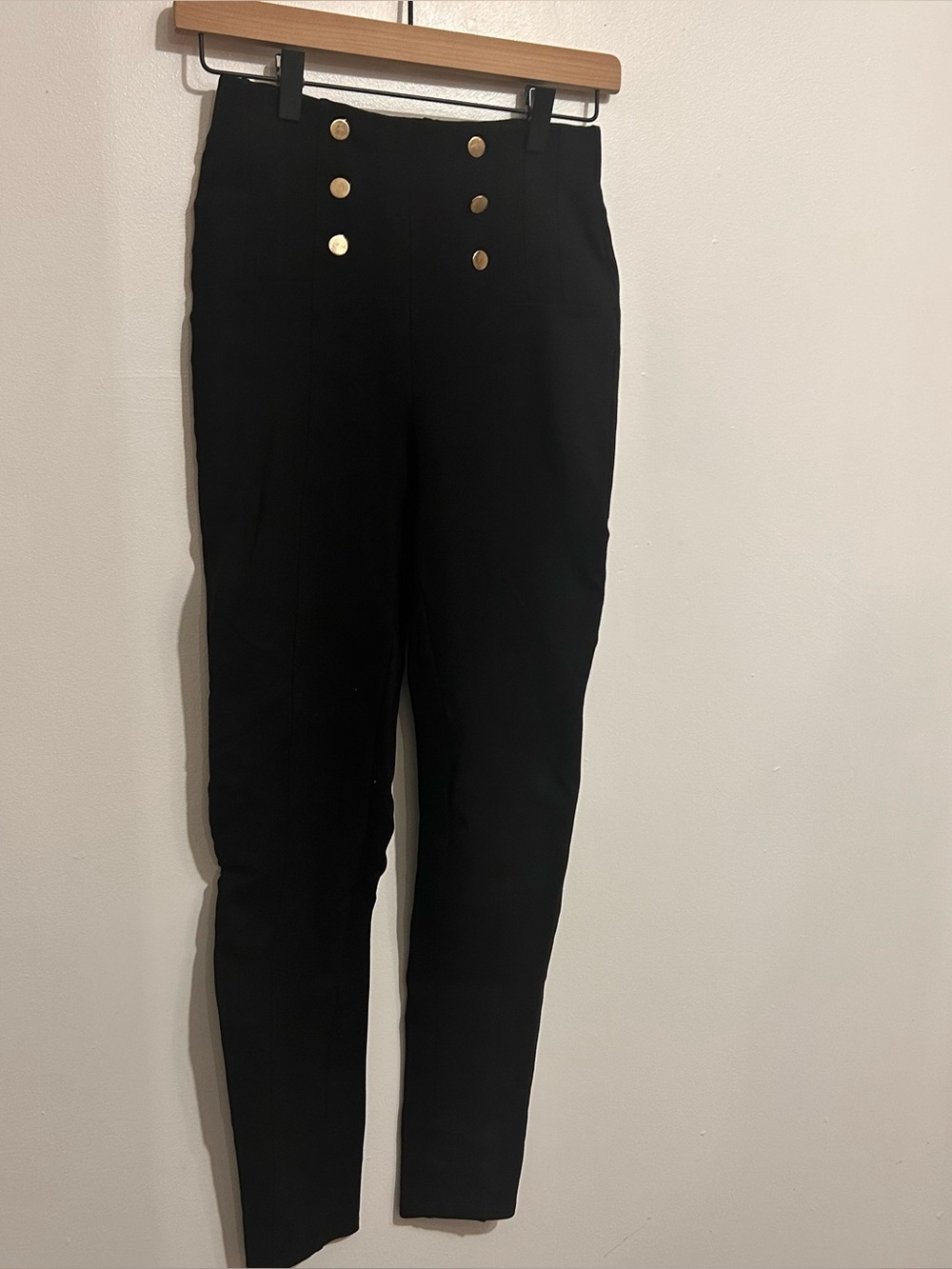 High-Waist Black Ponte Pants with Gold Buttons